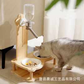 跨境新款木质猫碗架二合一自动饮水喂食器猫咪狗狗宠物碗架喂水器