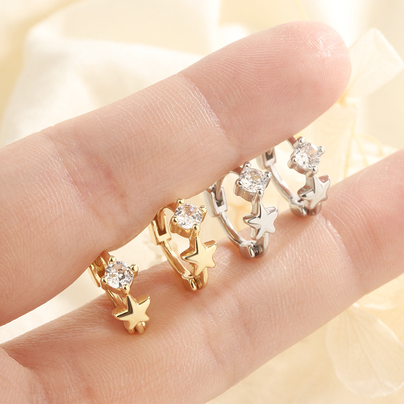 9g Weight Zircon Inlay Material Hoop Earrings Classification 1 Pair Sweet Korean Style Star Inlay Copper Zircon Hoop Earrings