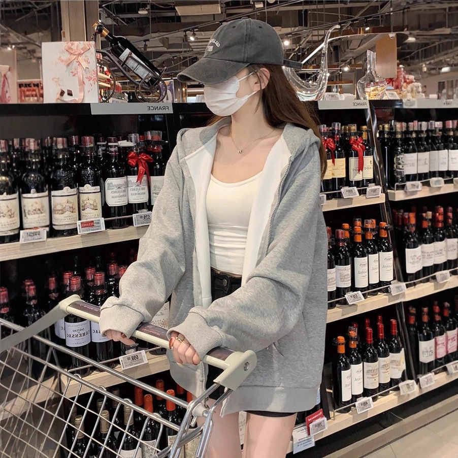 Irina 2025 Popular Lazy Style Korean Hooded Jacket Autumn and Winter New Gray Cardigan Top Sweatshirt Women's Clothing