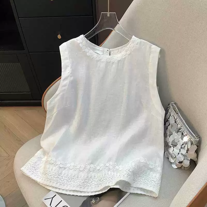 Фото реальной корейской льняной безрукавки для женщин, летняя новинка 2025 года, модная рубашка-жилет с тяжелой вышивкой и круглым вырезом