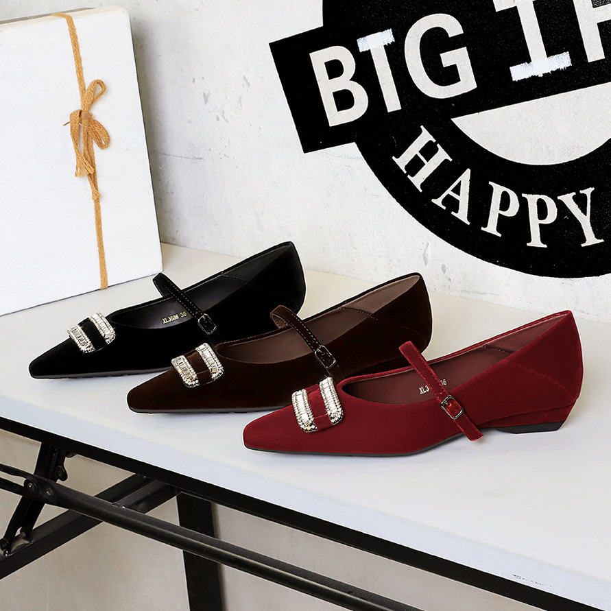 3686-K76 Korean-style Fashion Mary Jane With Rhinestone Buckle, One-strap, Wedge Heel, Suede, Elegant Pointed-toe Single_vogvips.com