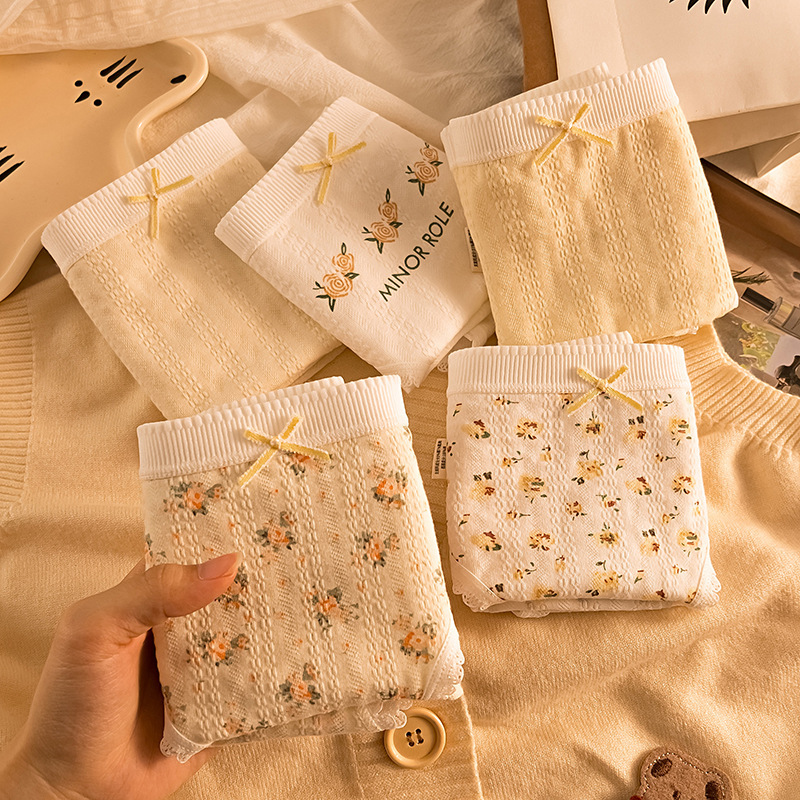 Underwear Women's 5A Baby Cotton Cotton Underwear Women's Mid-Waist Full Pants French Floral Lace Trim Ladies Briefs