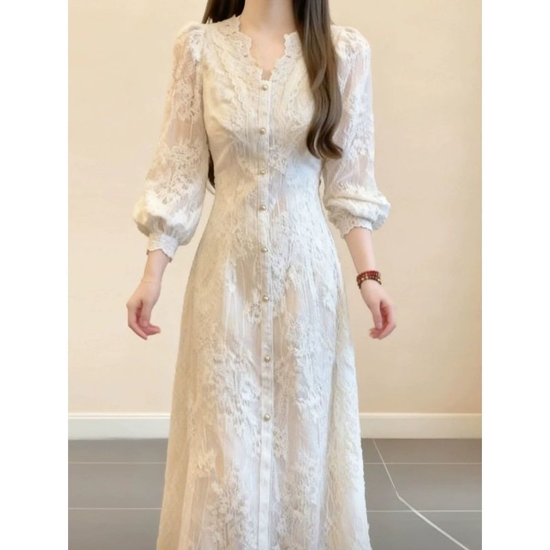 Chanel-Style Inner Dress with a High-End Feel, 2026 Spring New V-Neck Embroidered Fleece-Lined Off-White Dress for Women