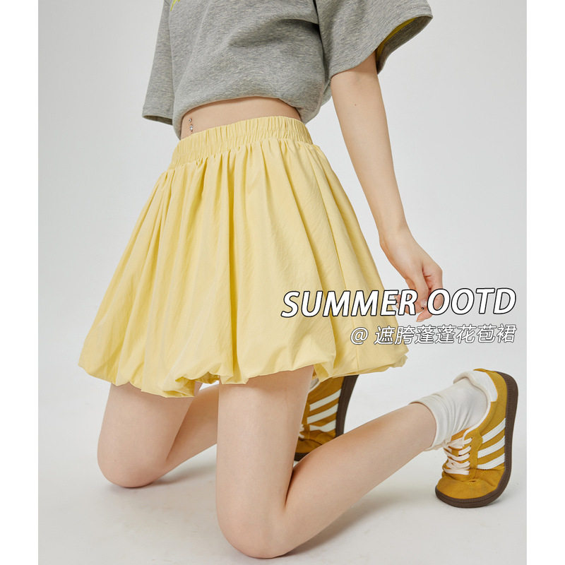 White Floral Short Skirt for Women, Summer High-Waisted A-Line Slimming Anti-Exposure Skort, Petite Puffy Pleated Half Skirt