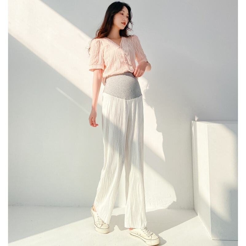 2022 spring and summer New pregnant women's concave-convex corrugated pleated wide-leg pants belly support pregnant women's pants