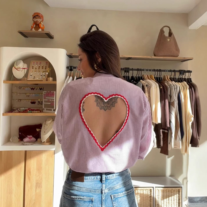 Cross-Border European and American Style Women's Fashion Unique Back-Cutout Heart-Shaped Personalized Design Vertical Stripe Cardigan Shirt