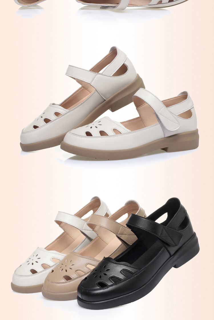 Sandal da thật lỗ thoáng khí đế mềm cho nữ trung niên, đế cao su bền bỉ — màu be chi tiết 18