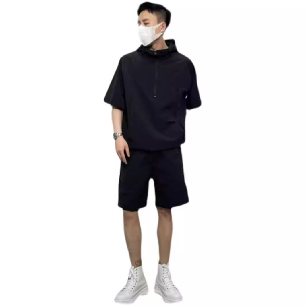 Traje de estilo japonés para hombre de verano, pantalones cortos de manga corta, chaqueta suelta informal, camisa, suéter delgado con capucha