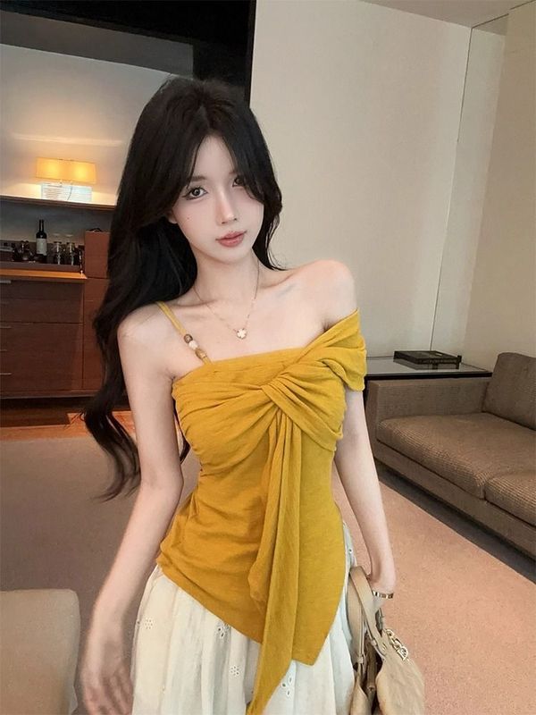 温柔风不规则女吊带2025夏新独特设计蝴蝶结掐腰抹胸无袖上衣露肩|undefined
