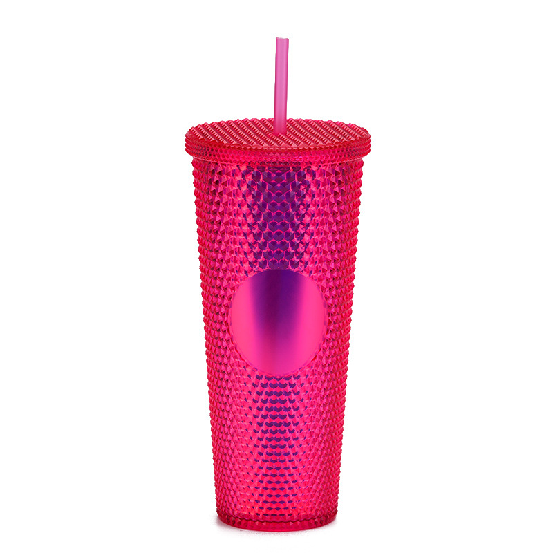 Suministro directo de fábrica de doble capa de paja de plástico taza de gran capacidad creativa 710ml taza Durian taza de mano portátil taza de diamante