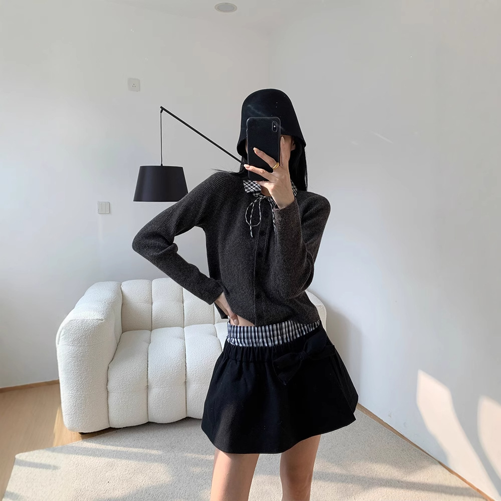 홍 셔츠 2024 가을과 겨울 새 옷깃 스웨터 니트 카디건 기질 디자인 센스 레이스 스웨터 여성 탑 코트