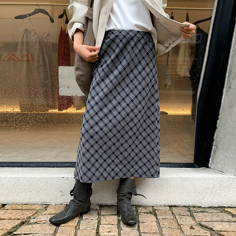 【Clearance No Returns or Exchanges】Moxi Thirteen Rows Women's Clothing Korean Style Mid-Length Plaid Skirt High Waist Skirt