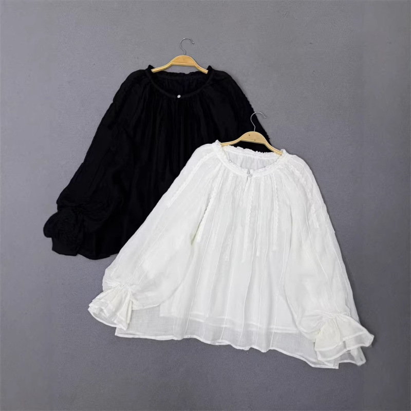 Palace-Style Ramie Fabric Shirt with Lining and Lace Trim, Double-Layered Ruffle Cuffs, Women's Shirt