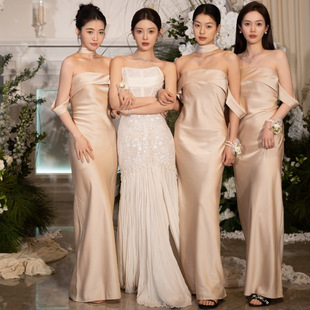 off-shoulder champagne satin bridesmaid dress dress niche sister dress bridesmaid dress plus size