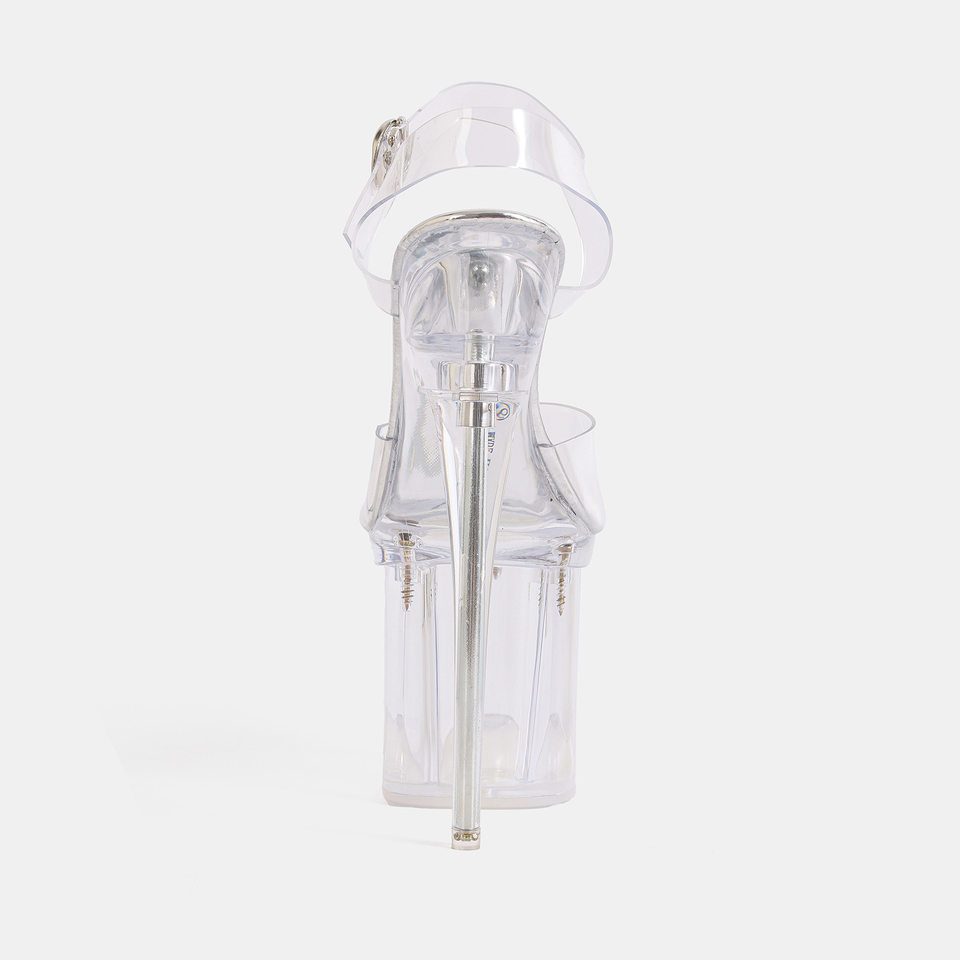 Sandal cao gót siêu cao 19 cm trong suốt, đế đúp chống thấm, mũi hở, quai khóa cài — Màu bạc, Màu hồng, Màu trắng, Màu tím chi tiết 4