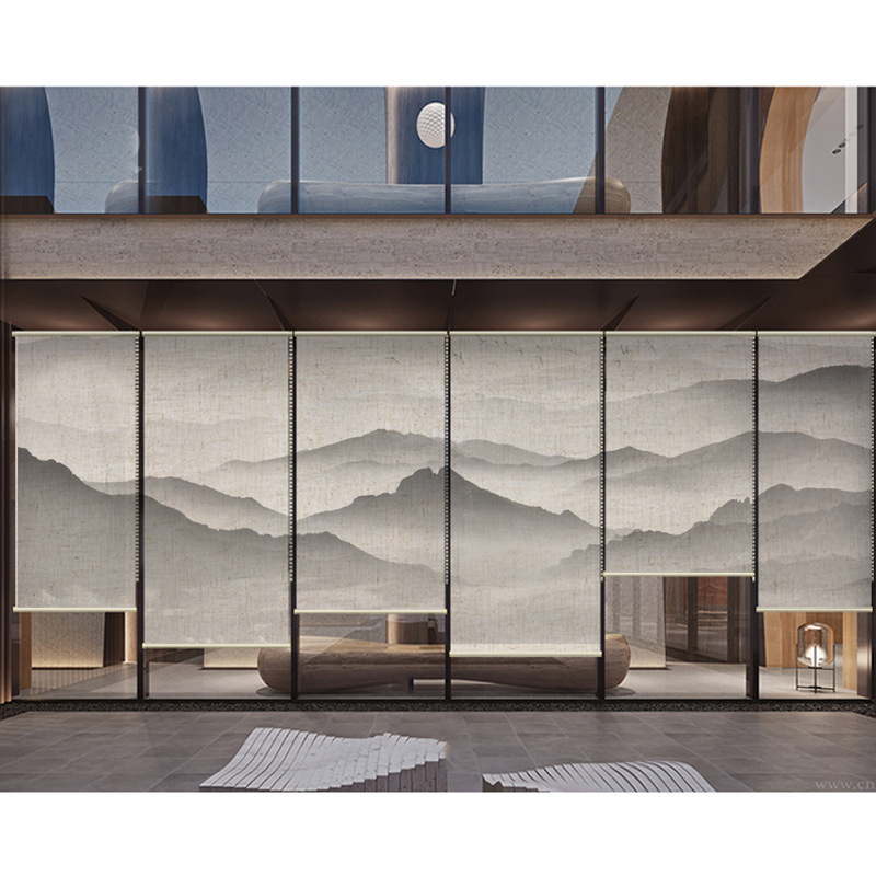 新款中式艺术卷帘3D打印图案日式亚麻办公室窗帘挂式门帘屏风隔断-阿里巴巴