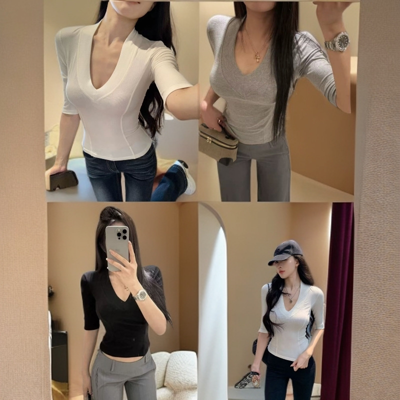 2025早秋新款美式辣妹领中袖恤女设计款修身显瘦洋气百搭#|undefined