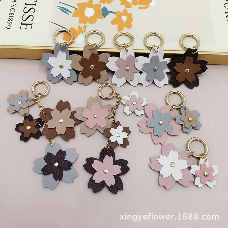 新款拼色樱花钥匙扣挂件 少女心DIY花朵钥匙圈 时尚网红包包挂饰