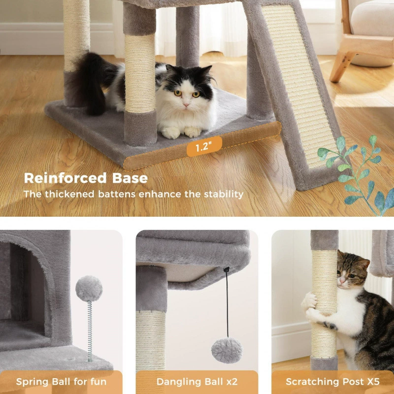 Multi‑level cat tree, plush cozy condo with scratching posts and hanging toys, multiple color codes