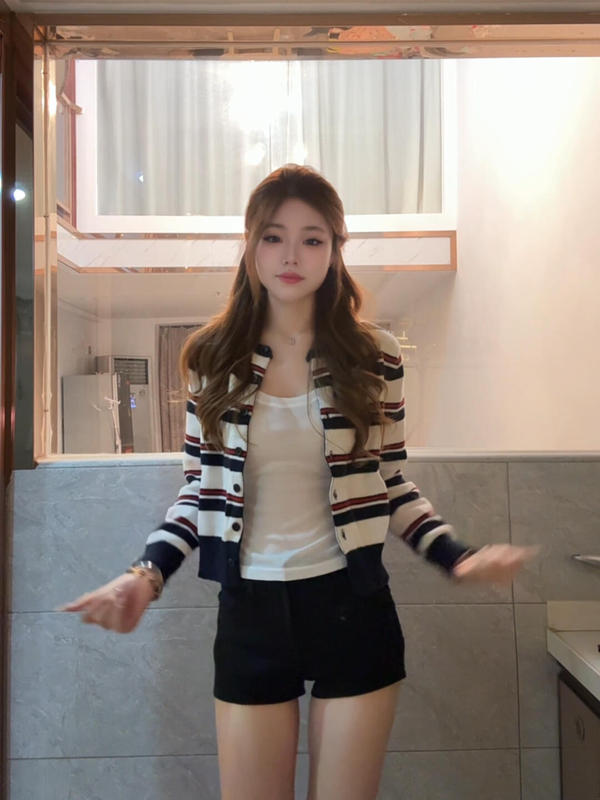 2025早秋季新款撞色条纹针织开衫毛衣女独特别致韩系穿搭外套上衣|undefined
