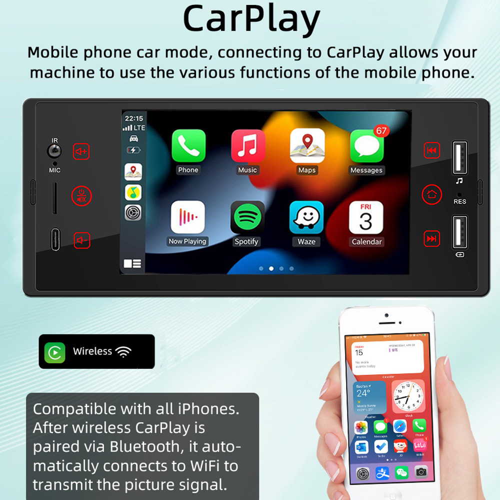 5 inch single ingot Apple wireless carplay HD touch screen reversing image priority car Bluetooth MP5 player
