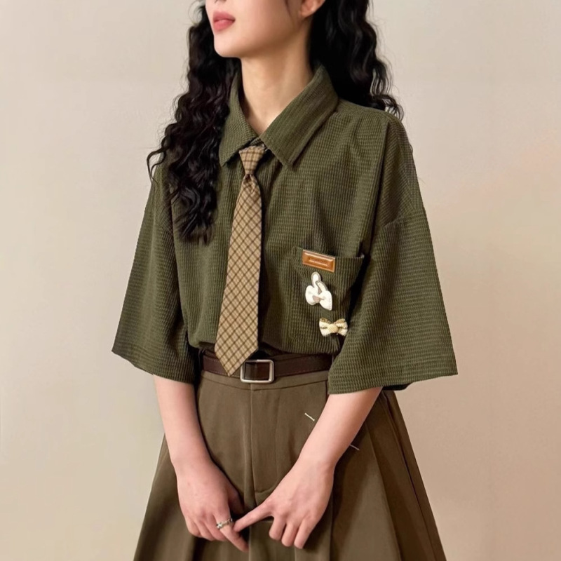 Summer New Japanese Retro Lazy Style Loose Solid Color Waffle Short-Sleeve Shirt Top for Women and Couples