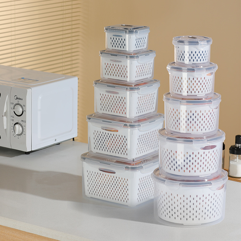 Household Double-Layer Draining and Preserving Box, Kitchen Refrigerator Green Onion Storage Box, Food, Fruit and Vegetable Transparent Sealed Box