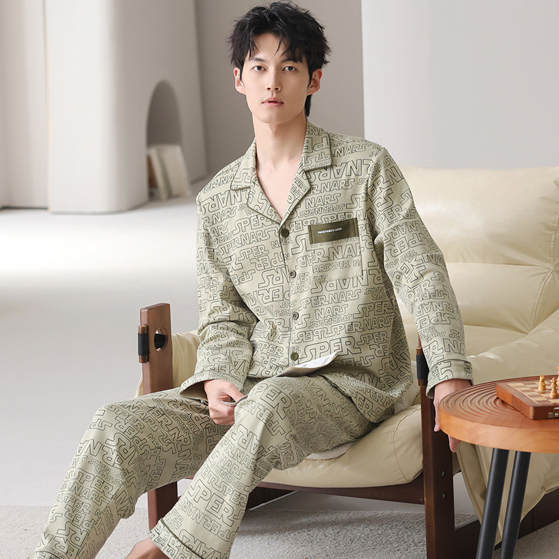 Pijama primavera y otoño cardigán de hombre 2025 nuevo algodón de manga larga se puede usar fuera de la versión suelta del conjunto de ropa para el hogar