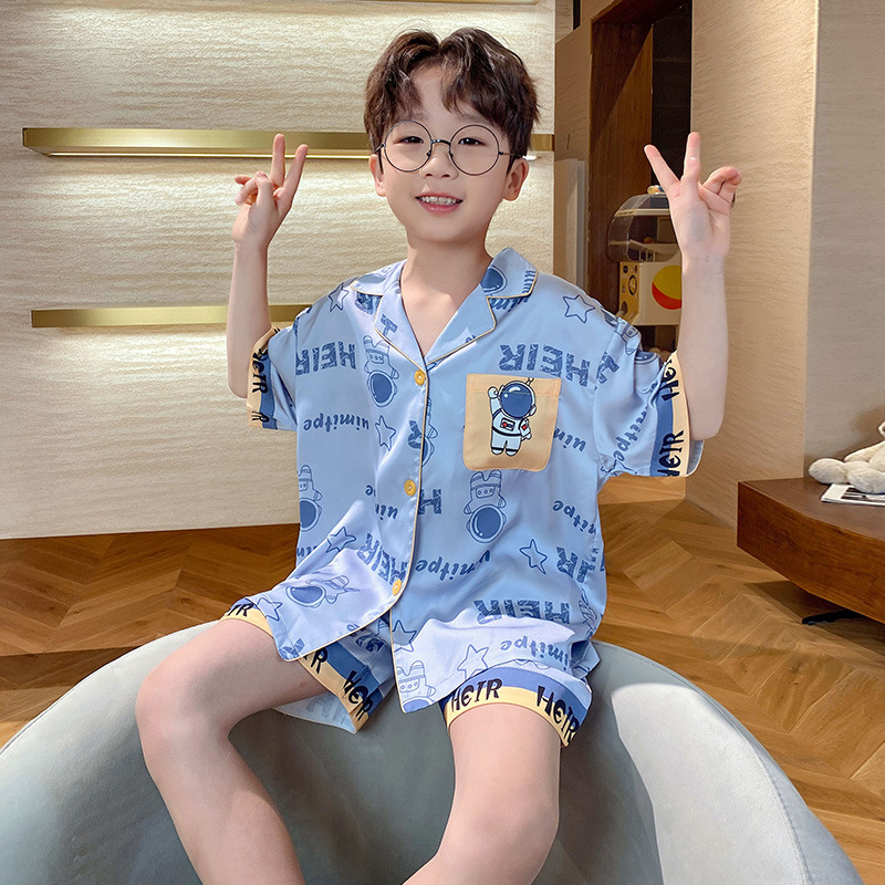 Pijamas infantiles verano 2026 nuevo niño hielo delgado de manga corta juveniles niños grandes set de ropa para el hogar