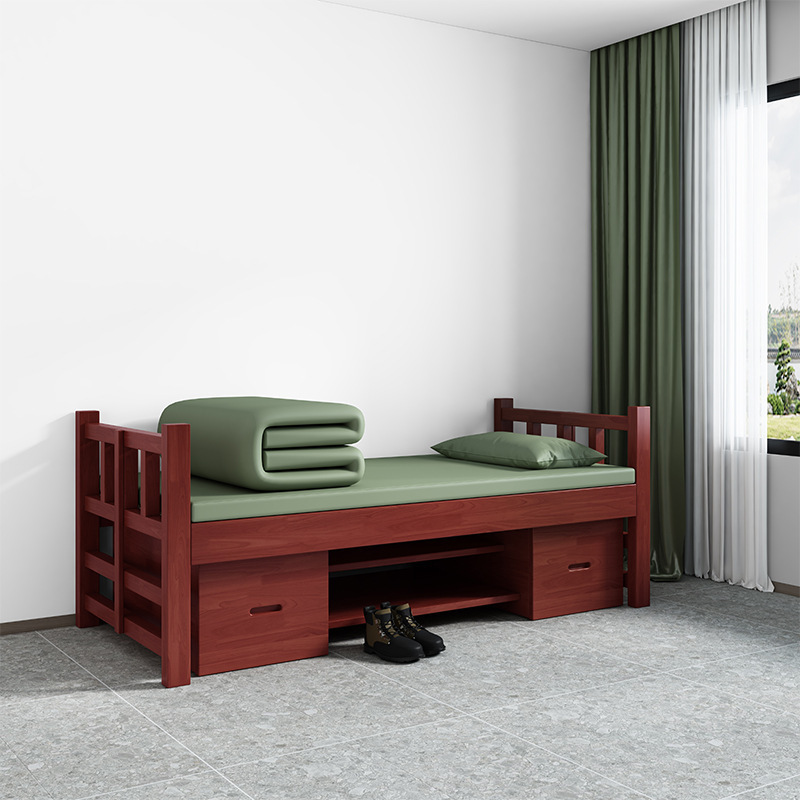 Cama de madera sólida de una persona, cama de almacenamiento, capacitación, base de ingeniería de muebles de cuartel, cama con gabinete