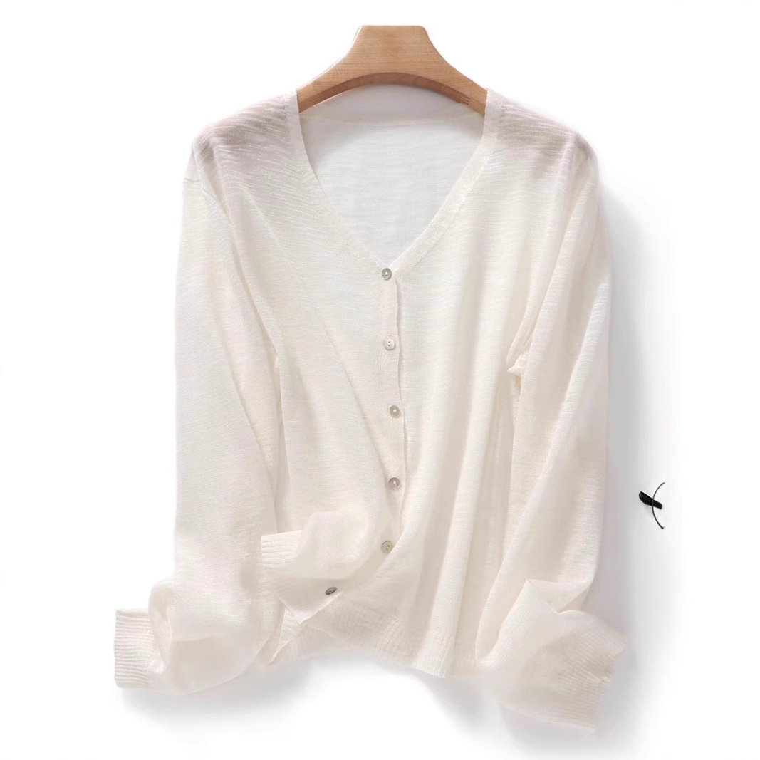 Ramie Sun-protective Clothing Women's V-neck Knitted Cardigan Thin Slub Jacket Summer Loose Lazy External Air-conditioning Shirt