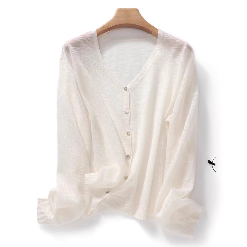 Ramie Sun-protective Clothing Women's V-neck Knitted Cardigan Thin Slub Jacket Summer Loose Lazy External Air-conditioning Shirt