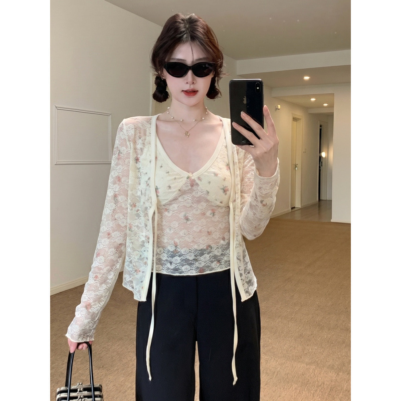 In-Stock Original Fabric Gentle Style Lace Floral V-Neck Vest Summer New Sun-Protective Tie-Up Cardigan Top Two-Piece Set In-Stock Original Fabric Gentle Style Lace Floral V-Neck Vest Summer New Sun-Protective Tie-Up Cardigan Top Two-Piece Set
