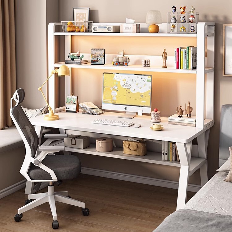 Solid Wood Desk Bookshelf Integrated Table Home Bedroom Desktop Computer Desk Student Rental Room Writing Desk Study Desk