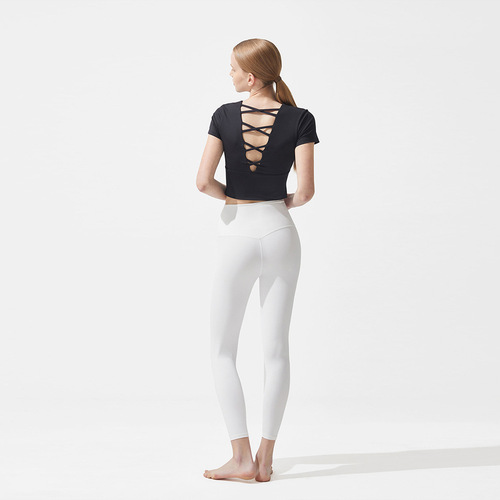 Women's Bare Skin Brushed Crew Neck Backless Tank Top Yoga Backless Top Sports Short Sleeve Top Fitness Top Yoga Wear