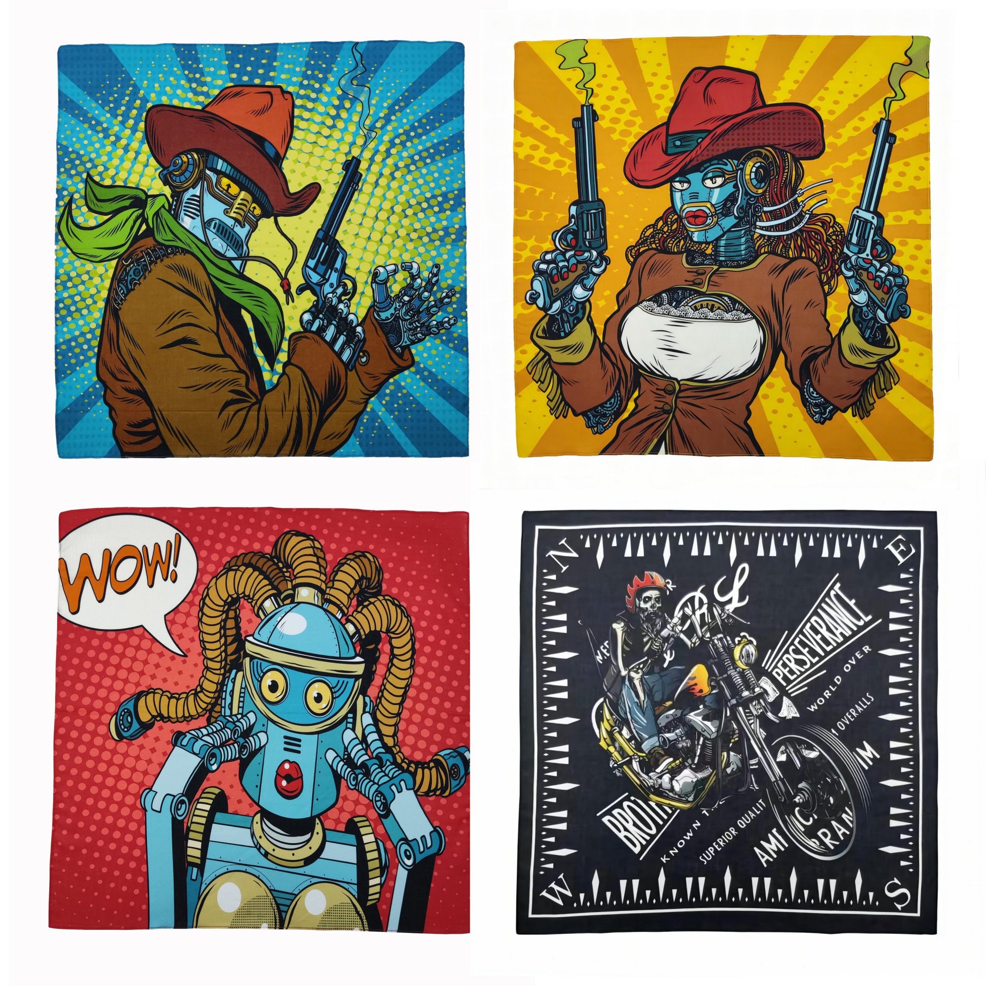 Pure cotton cartoon robot digital print square scarf, suitable for street dance, sports, sun protection, cycling, and casual wear as a headscarf or face covering