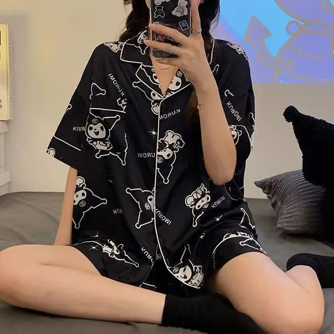 2024夏の新型フランス高級感氷糸パジャマ女性夏の半袖半ズボンの部屋服セットは外着ができます。|undefined
