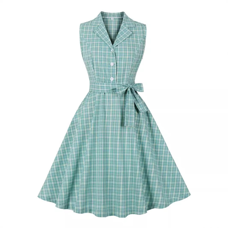 Amazon Cross-border Hepburn Style Pattern 50S Retro Suit Collar Sleeveless Strap Waisted Cotton English dress