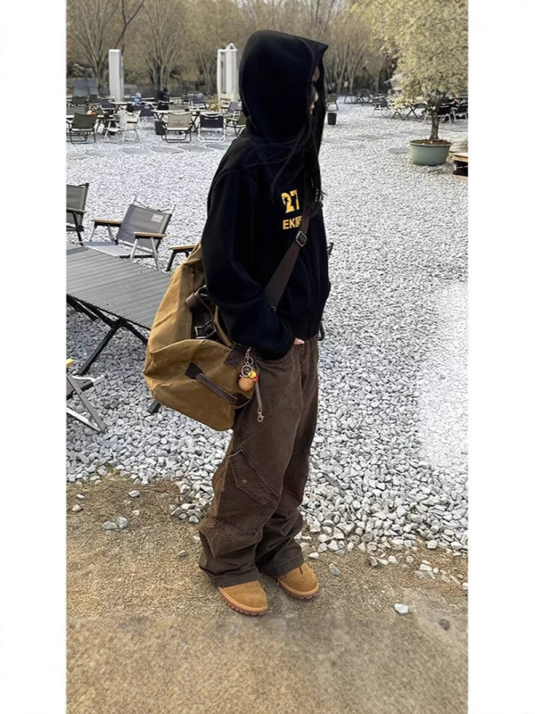 新款褶皱多口袋美式高街复古工装裤女宽松直筒裤子潮休闲阔腿裤男|undefined