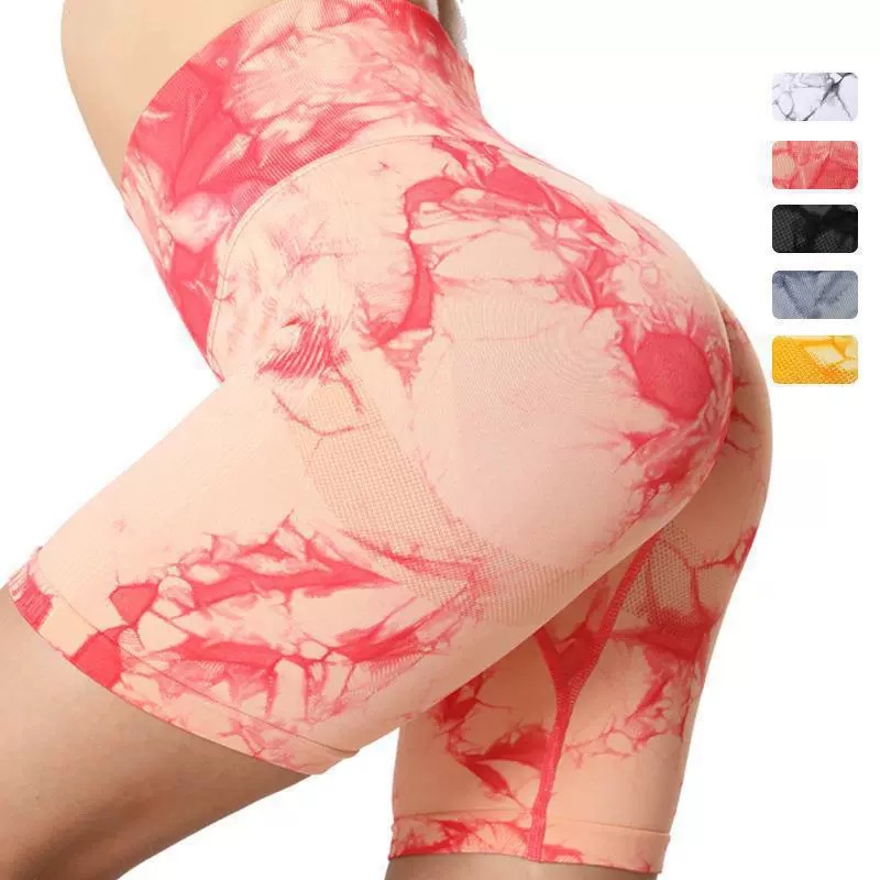 Fábrica directa de ganchos de cadera teñido impresión de yoga fitness pantalones cortos transpirables secos de melocotón