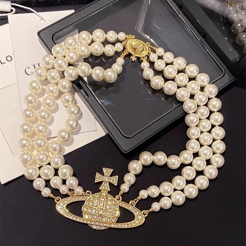 Empress Dowager Saturn Diamond-Encrusted Pearl Necklace Three-Layer Light Luxury Necklace Ins Minimalist Style Planet Neck Clavicle Chain for Women