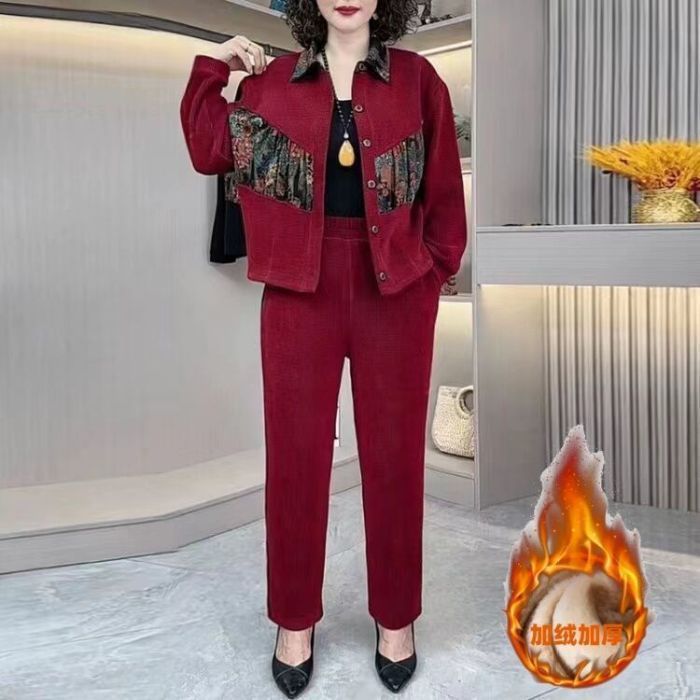 中老年翻领外套运动套装女秋冬宽松休闲洋气妈妈装国风加绒两件套|undefined
