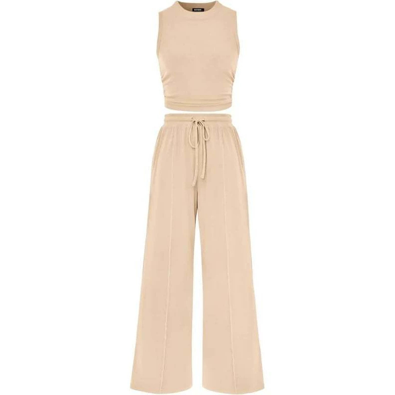 Cross-Border Hot-Selling Item Exclusively for Amazon: Women's Summer Two-Piece Set, Casual Ribbed Knit Crop Top and Wide-Leg Pants Cross-Border Hot-Selling Item Exclusively for Amazon: Women's Summer Two-Piece Set, Casual Ribbed Knit Crop Top and Wide-Leg Pants