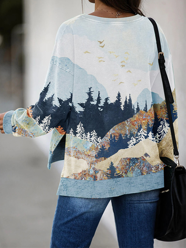 Europa y los Estados Unidos comercio exterior nuevo paisaje impresa camiseta de manga larga camiseta de invierno de otoño de Navidad camiseta de cuello redondo al por mayor