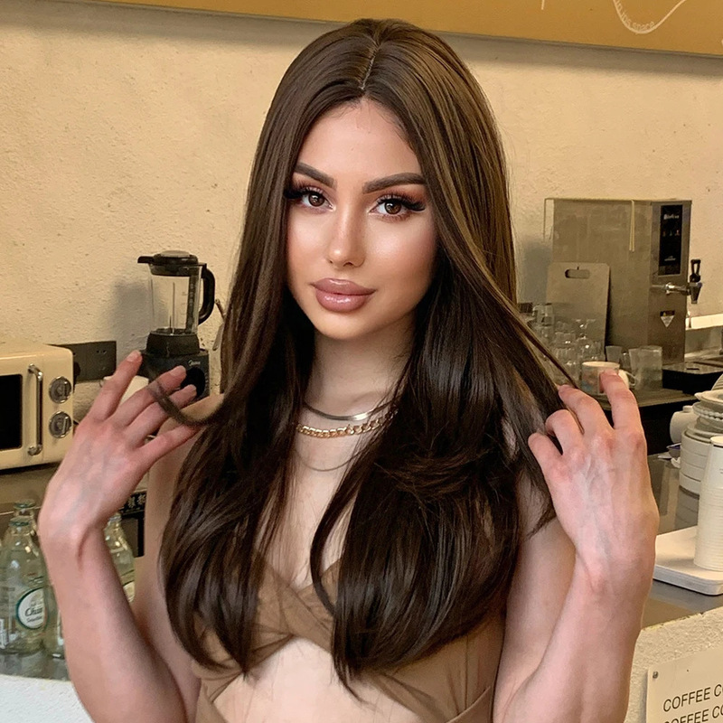 Dark brown medium long straight hair wig straight hair fashion lady long hair without bangs student cos headgear wholesale