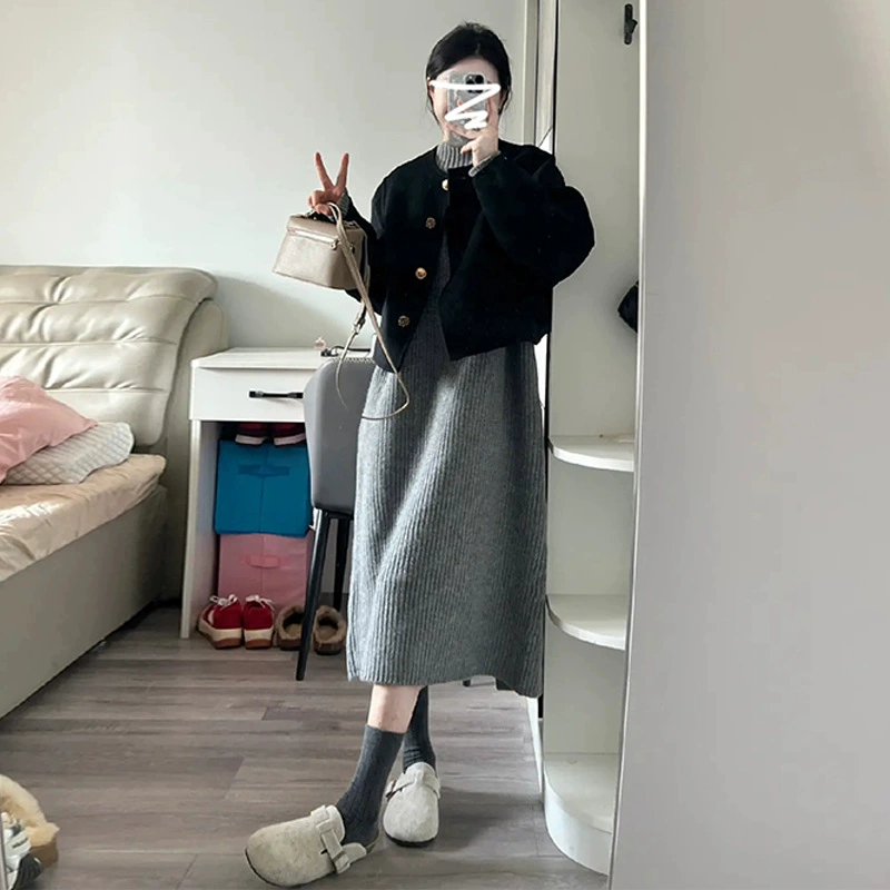 Весеннее платье-свитер во французском стиле 2025, новый женский летний костюм из двух предметов, длинная юбка для маленьких людей