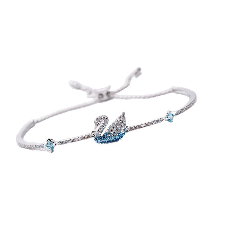 Браслет Swarovski swan, голубой свежий корейский стиль, с лебедем и кристаллами, с регулируемой застёжкой