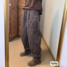 爆款麻棉裤女2025冬季新款宽松百搭松紧腰复古格子加棉哈伦裤9696