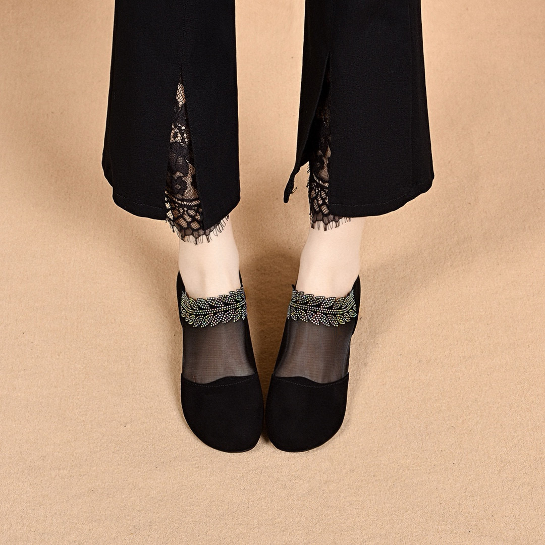 Sandal da lộn khoét lỗ mũi tròn gót vuông thấp đế mềm — đen chi tiết 5