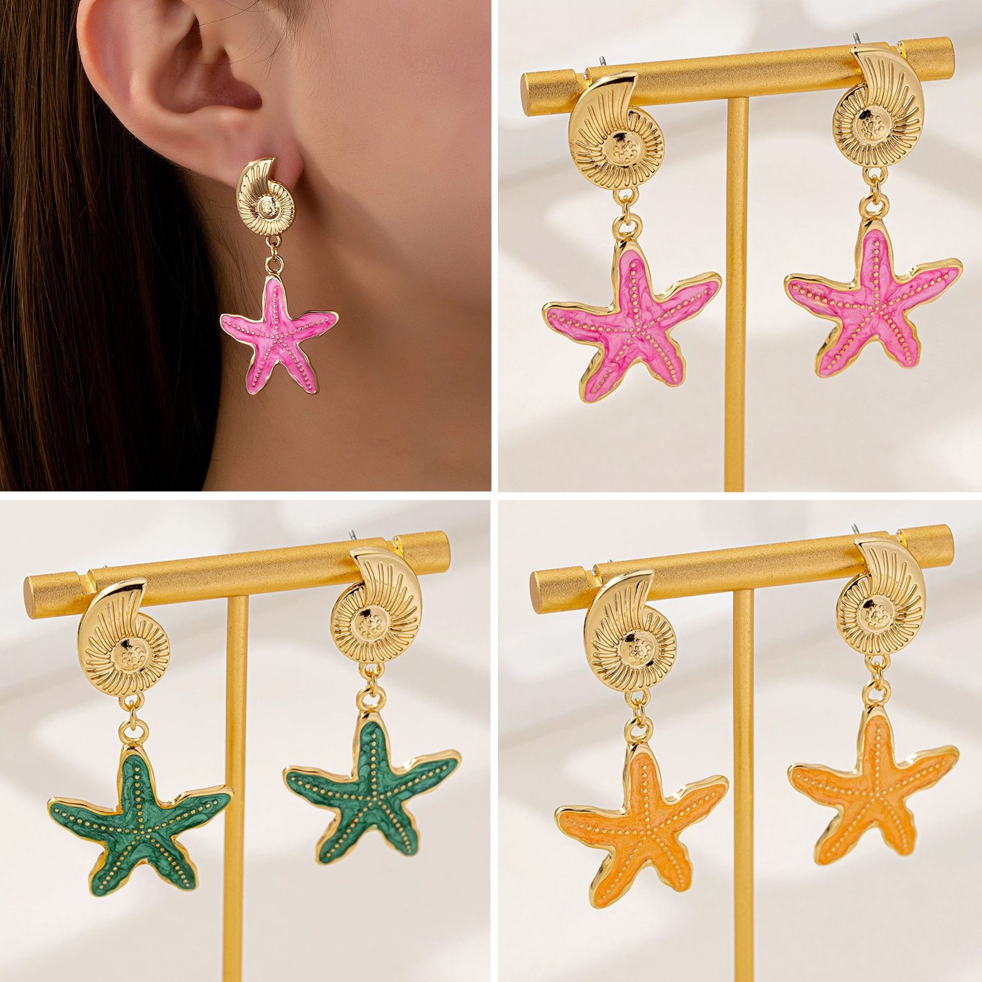 Europa y América de moda transfronteriza diversión de estrellas de mar mar conco orejas de playa vacaciones aretes de color metal para mujeres